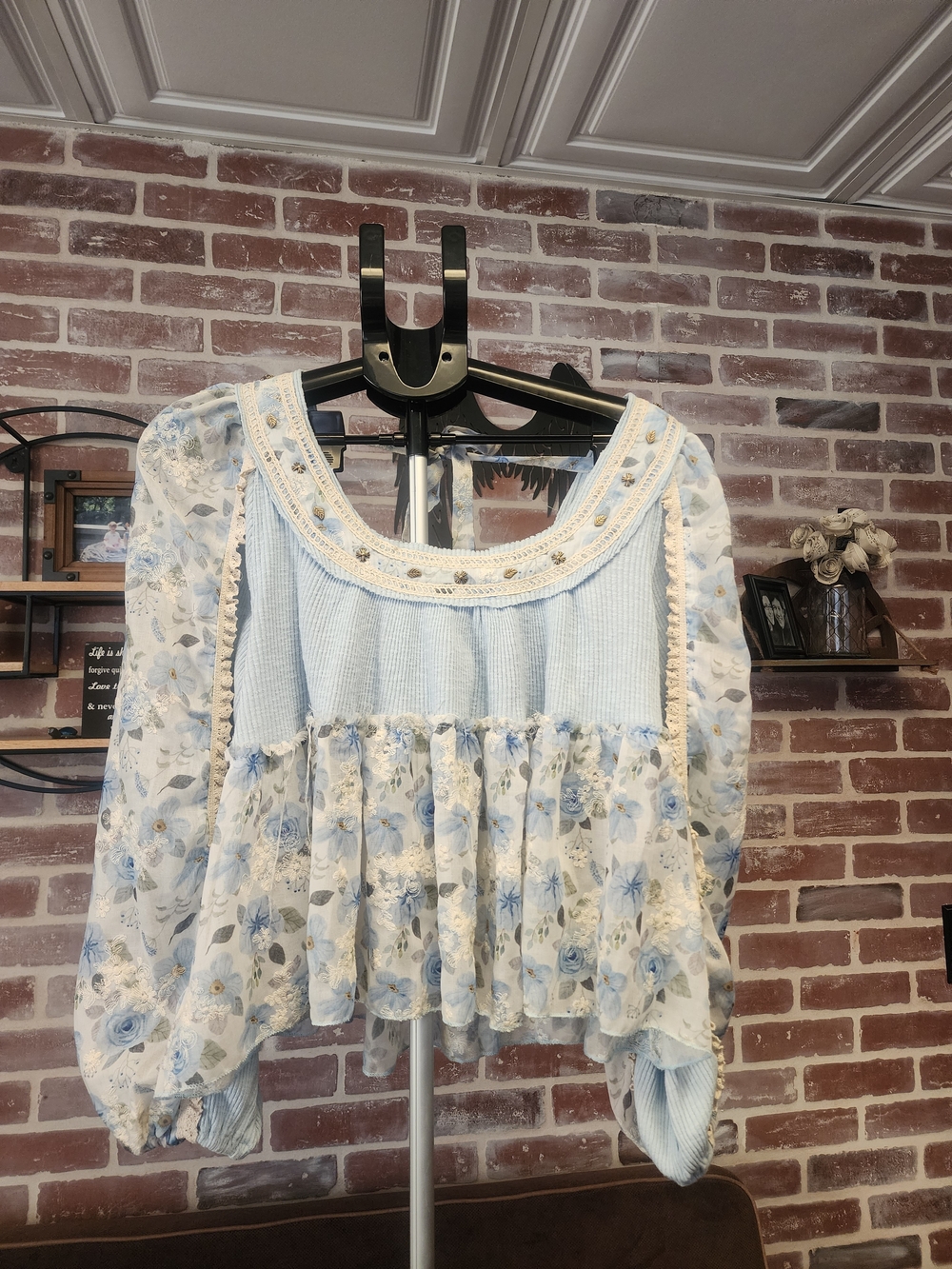 Light Blue Floral Crochet-Trim Blouse